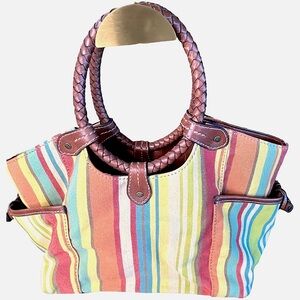 FOSSIL Classic 1954 Braided Leather Circle Handle Satchel Bag Fabric Body Y2K
